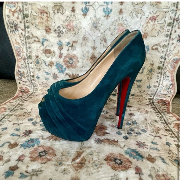 Christian Louboutin Shoes - Christian Louboutin Ruched Teal Peep-Toe Suede Heels